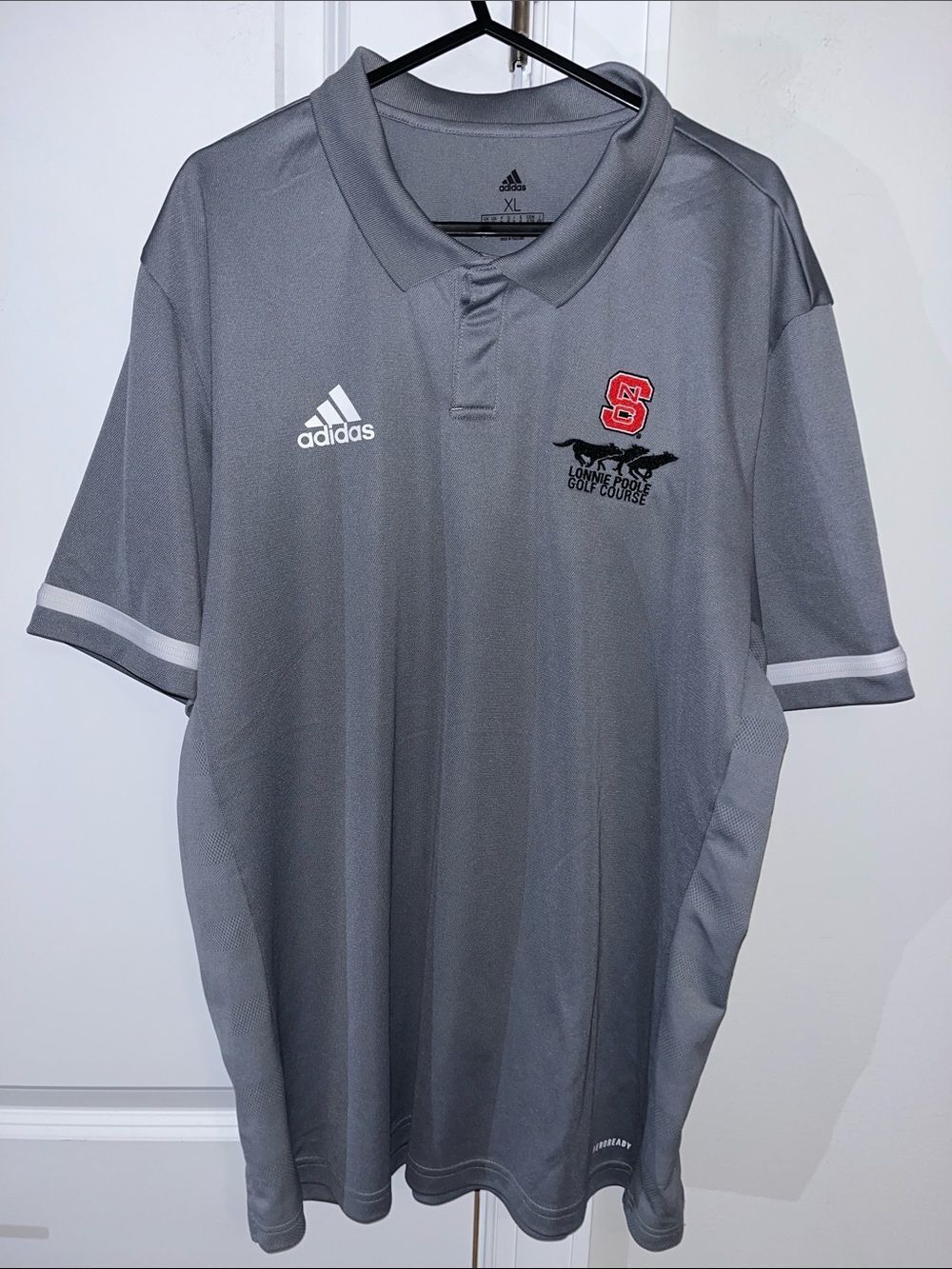 Lonnie Poole Adidas Gray White Raleigh NC state Wolfpack Golf polo shirt XL